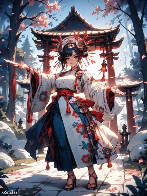 from front, full body, look at viewer,A shrine maiden with beautiful hair(Deep Smile, black hair,supple and curved proportions that glow in Prism School's rainbow colors),Chanting a spell(Spreading arms wide,dynamic pose,Summon Sakura Fubuki,A large number...