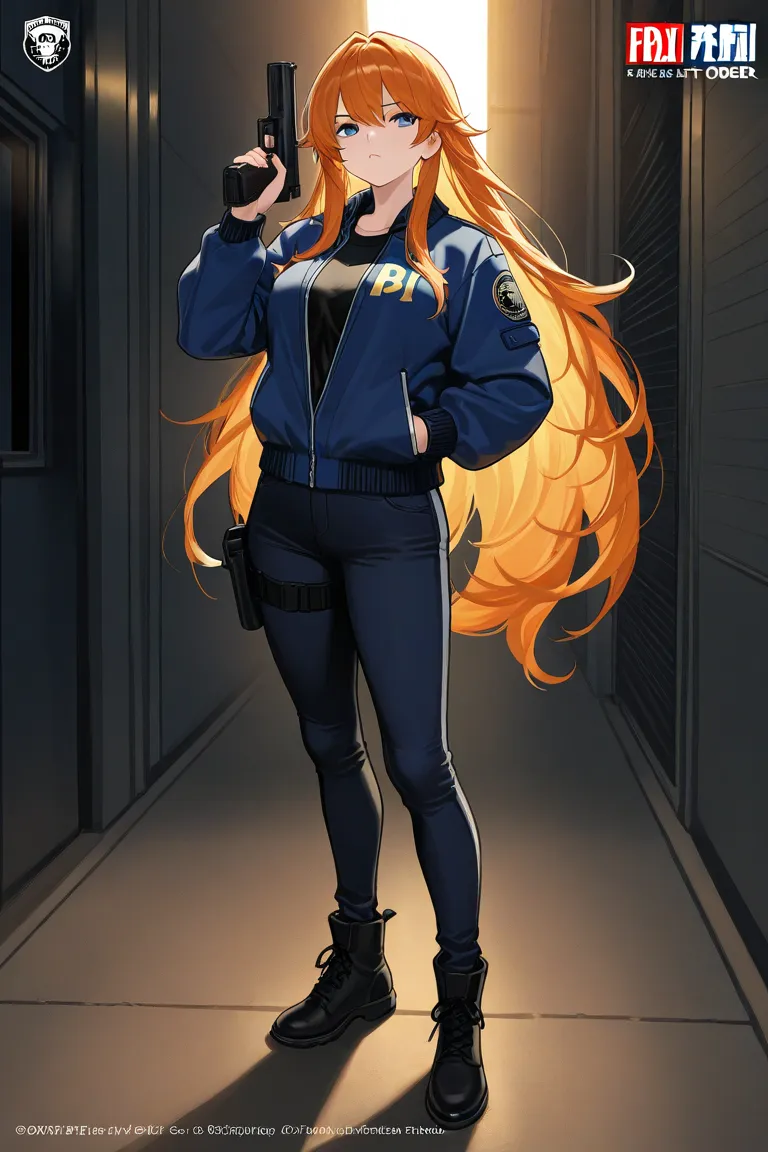 Female, anime, wearing a fbi jacket, long hair, serious, hold a gun