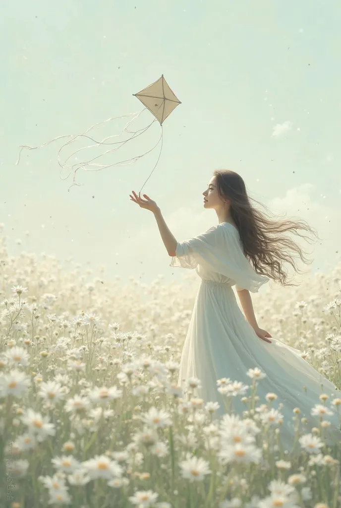 A woman in a white dress with long hair with a kite in her backward-facing hand in a field of virgins 