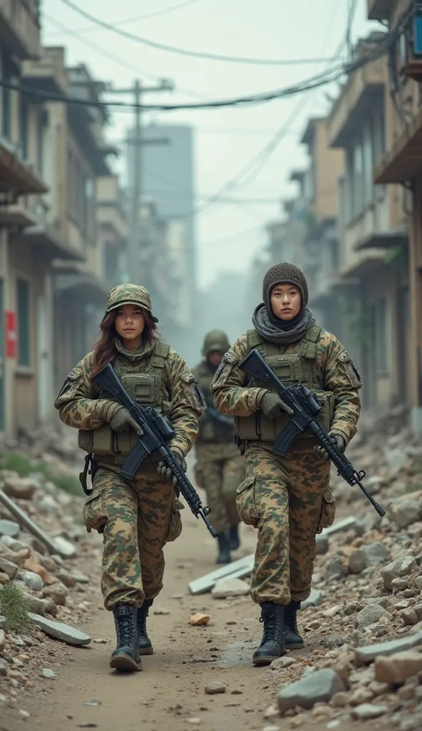 "Ultra-realistic 8K cinematic video of a joint South Korean military unit (male and female soldiers) in Republic of Korea Army combat gear (black-and-tan digital camouflage) conducting an urban warfare drill in a mock cityscape near Seoul. The squad, led b...