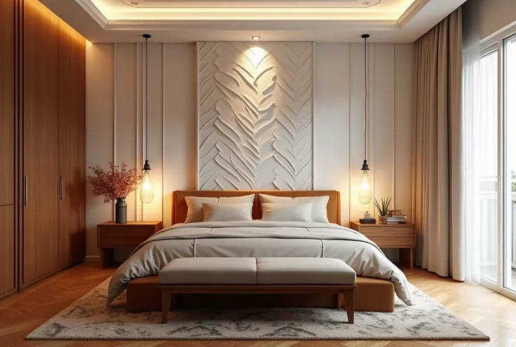 design me a modernized art nouveau master bedroom, of brown wood flooring tiles, off white wall, with an irregular wall cladding design with indirect light, and a rotated bed headboard, two bedside table on one drop a glass flower pendant, place a seating ...