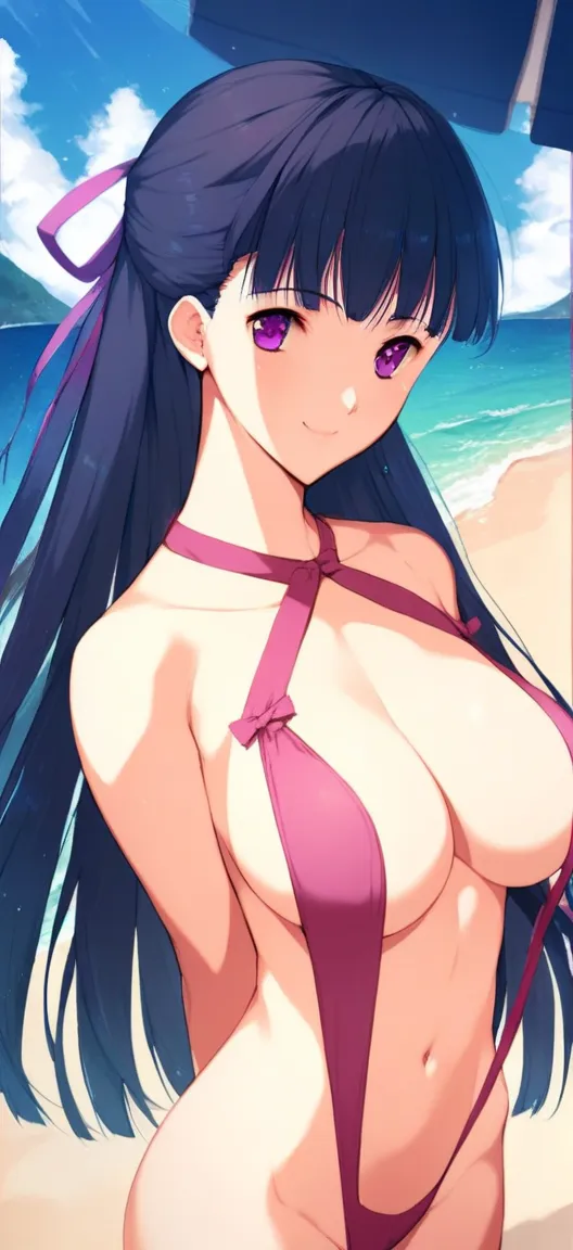 takatou_mizuki,pink slingshot , 1girl, solo, purple eyes, long hair, half updo, bow,  ribbon, large　breasts,smile, beach, score_9, score_8_up, score_7_up, score_6_up, source_anime,