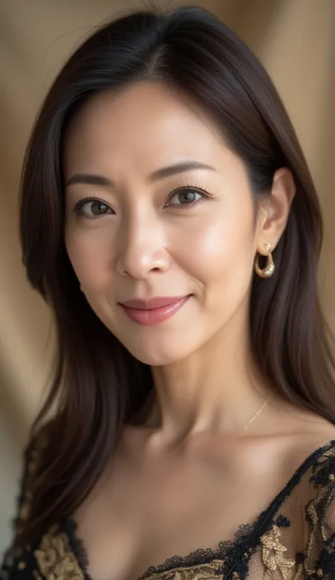  Close-up portrait , A 52-year-old Japanese woman,   natural makeup ,  natural hairstyle  , Elegant Smile Line,   unparalleled beauty ,  high resolution,  masterpiece,  Top Quality,  high detail, (  sharp focus : 1.4), (  depth of coverage ), ( actual : 1....