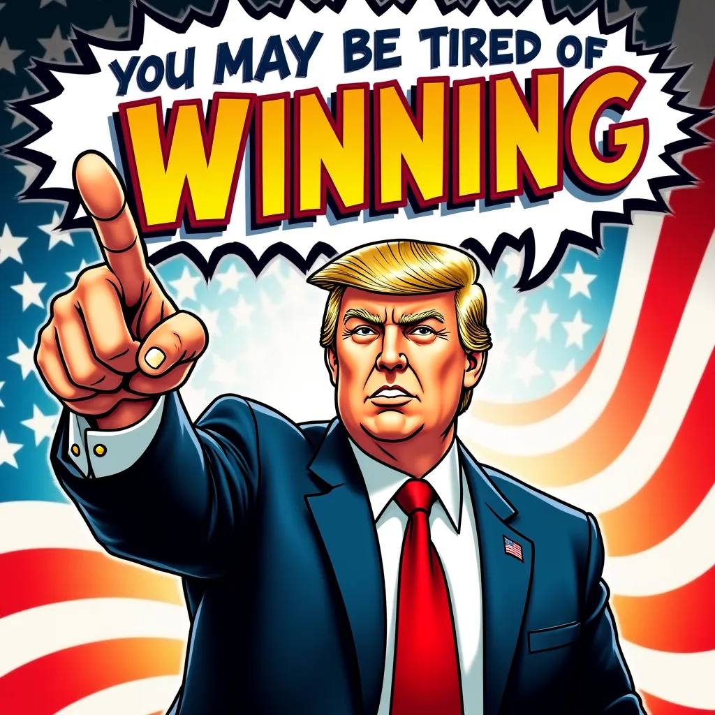 A bold and dynamic comic book-style illustration of Donald Trump, pointing his finger with a confident and commanding expression. He has a powerful stance, and his classic suit and red tie add to his iconic look. Above him, in bold, dramatic speech bubble ...