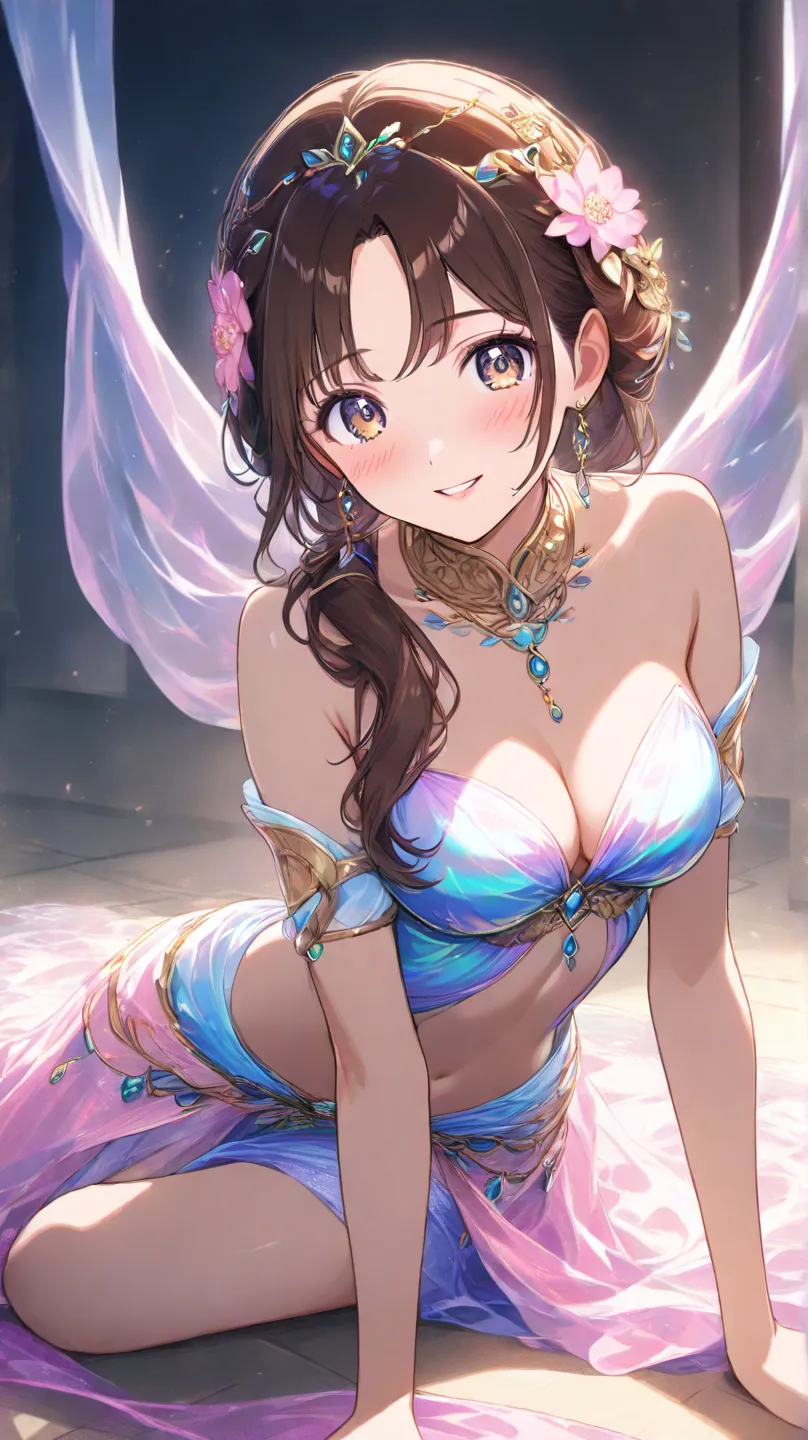 high quality　best image quality　Super Detail　high quality　4k 8k vivid dancer 　long brown hairstyle　  pink flower hair ornament  　 medium breasts　 　  smile face　lying on the floor　Embarrassing Face