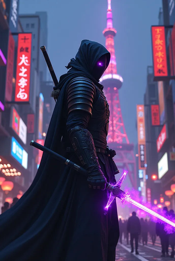 Dark Samurai、with a purple flame sword、Shibuya、Tokyo Tower、Red Light District
 