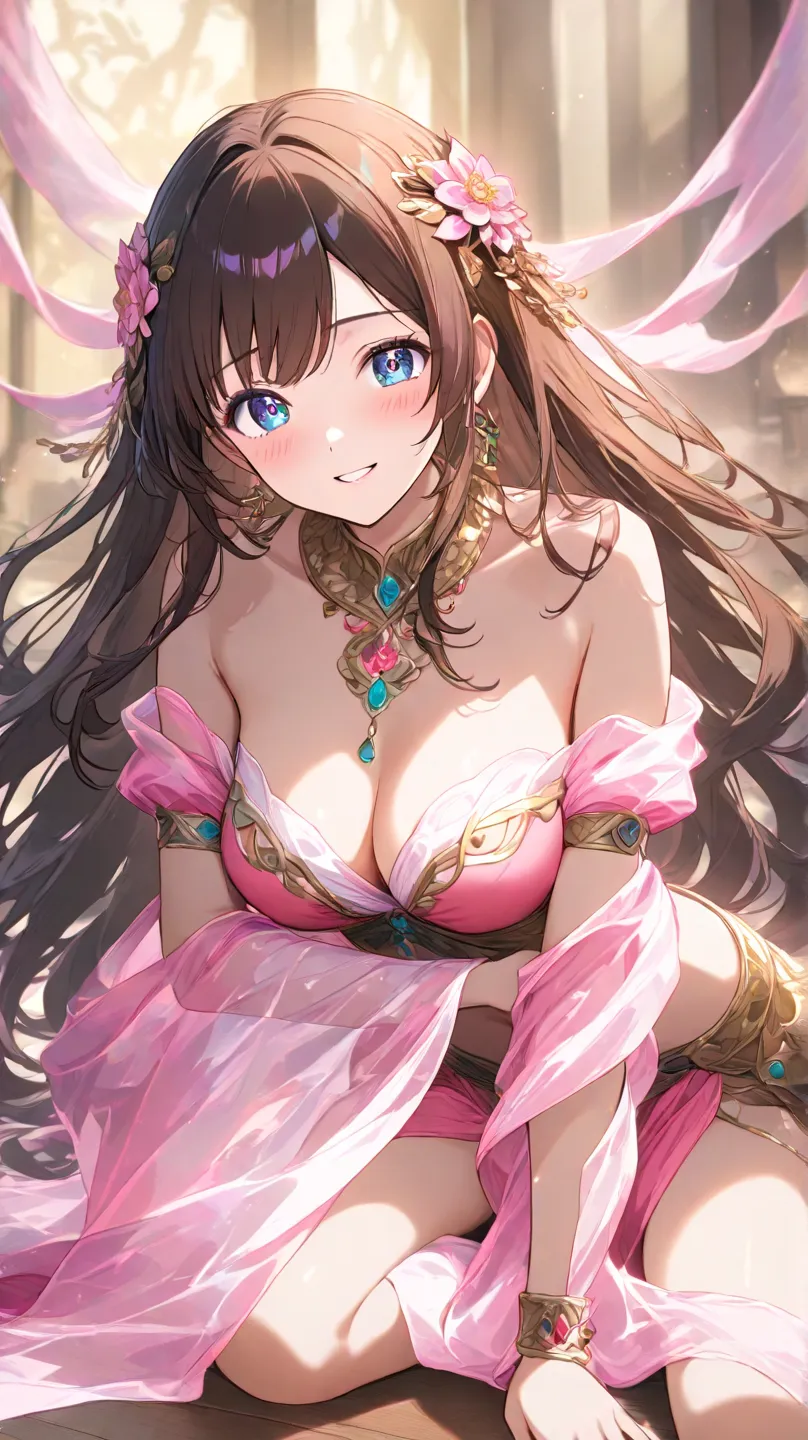 high quality　best image quality　Super Detail　high quality　4k 8k vivid dancer 　long brown hairstyle　  pink flower hair ornament  　 medium breasts　 　  smile face　lying on the floor　Embarrassing Face