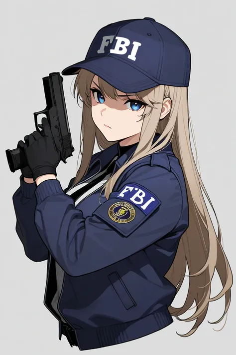 Female, anime, wearing a fbi jacket, long hair, serious, hold a gun,