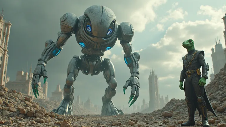 "A towering alien robot, 100 meters tall with a sleek silver body and glowing blue joints, stomps through a destroyed cityscape, crushing rubble underfoot. In the background, a tall reptilian general with bulging eyes, scaly green skin, and a dark ornate u...