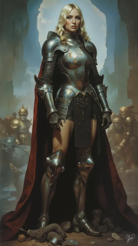 Female Knight，full body, A powerful sexy woman with a mysterious temperament {ten} Drawn by Wayne Reynolds，in a highly detailed and dynamic style, 