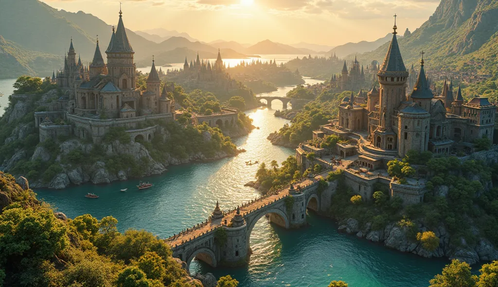 at noon, Capture a close-up image of a prehistoric city surrounded by water, The prehistoric city is built on a series of islands, and is connected by bridges and canals, The houses and buildings of the prehistoric city are made of stone, and some building...