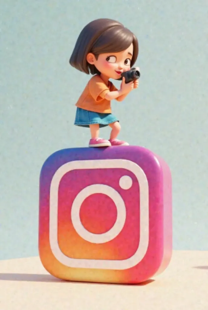 3D animation of a short brunette character taking a picture of straight hair sitting on the Instagram logo 