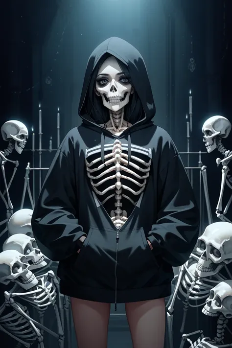 The skeleton is wearing a hoodie