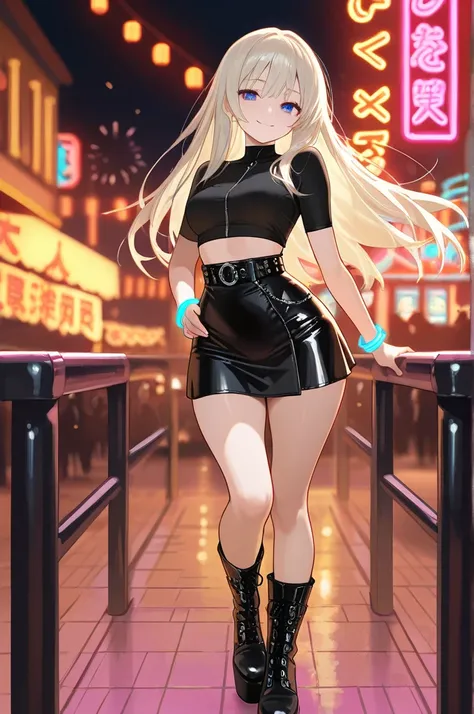 
masterpiece, the best quality, incredible quality, very aesthetic, high resolution, latest,  hyper detailed .
Beautiful Girl, Alone, long platinum blonde hair with soft waves,  big and beautiful eyes.
Night music festival, surrounded by neon lights and il...