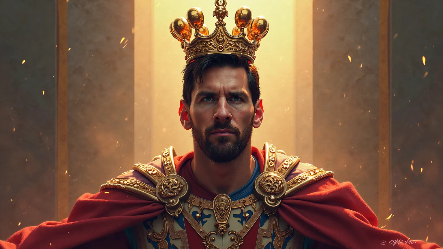 A montage of Messi as a king with a crown made of Ballons d'Or.
