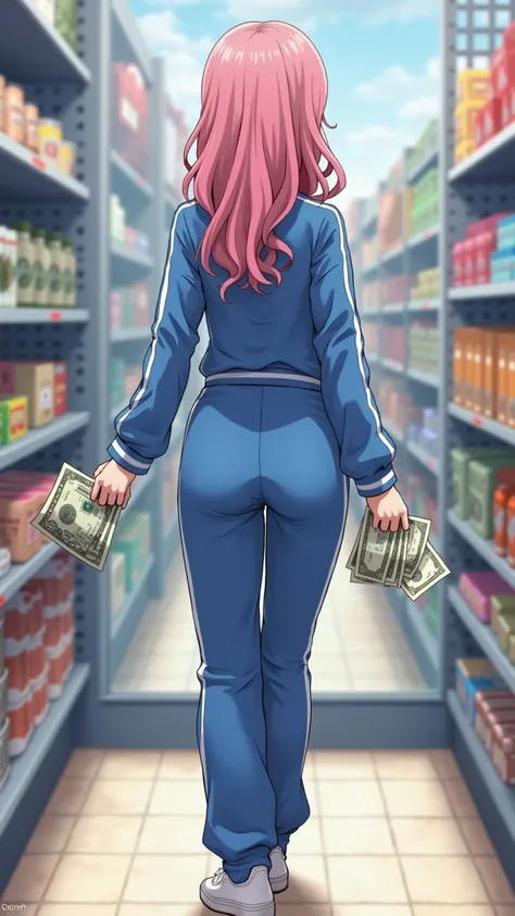 Anime style.  woman 40 years old, pink hair, wearing a blue tracksuit. is full-length. has its back to us . It's in a bright store. Joyful holds cash dollars, that stretches to the side where he looks.