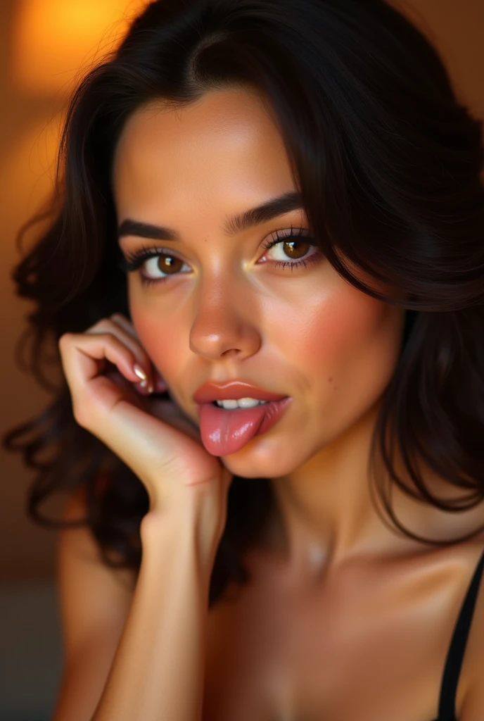 A mesmerizingly beautiful woman with soft, wavy shoulder-length hair, wearing a playful yet subtly seductive expression. Her warm, inviting eyes sparkle with mischief as she tilts her head slightly. Her lips are full and glossy, reflecting the soft lightin...