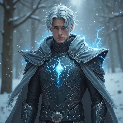 make me a 18 years old man with a silver hair green narow eyes he is wearing a for uper body is Storm-Forged Chestplate – A blackened steel chestplate with silver lightning veins running across it, pulsating like real thunderbolts when Knite gathers energy...