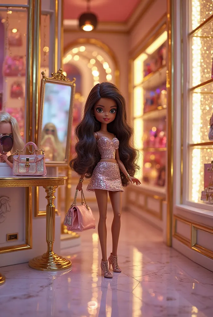 An L.O.L. OMG doll is inside a luxurious handbag boutique, trying on a glamorous new purse. Dressed in a sparkling, fashionable outfit, she stands in front of an elegant mirror, admiring how the stylish bag complements her look. The boutique’s interior is ...