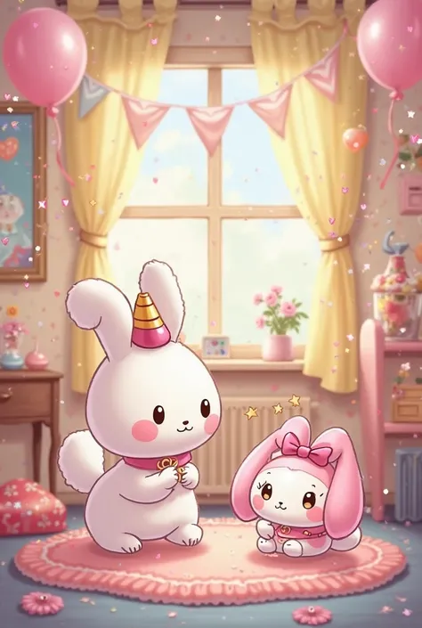 Let's make a birthday party poster with the theme of cinamoroll and my melody. Let cinamoroll house too.