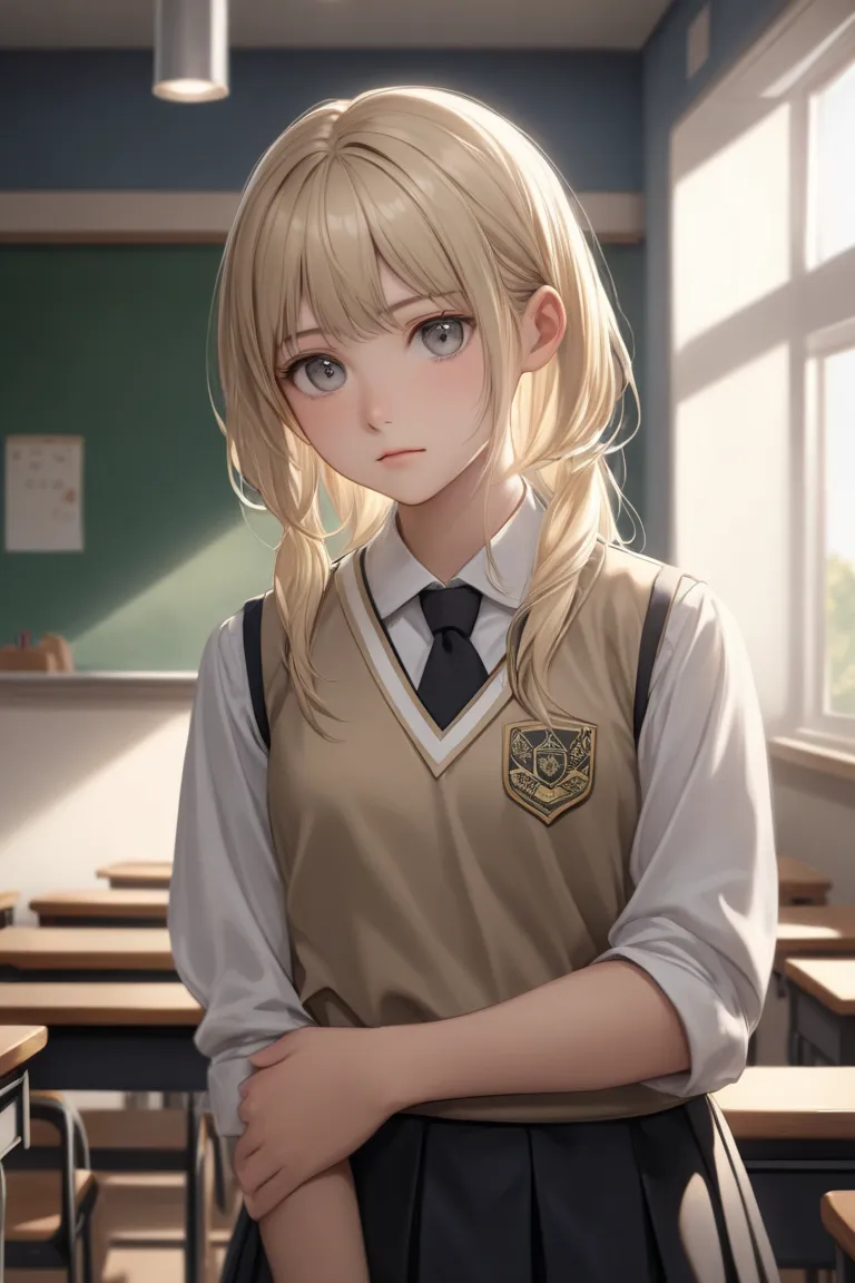 1 personの女の子、staring at viewers、white-blond colored hair、 small tits、gray eyes、 gray eyes、long hair、Smaller chest、 small tits、1 person、 high school student、 is wearing a uniform、shy face、