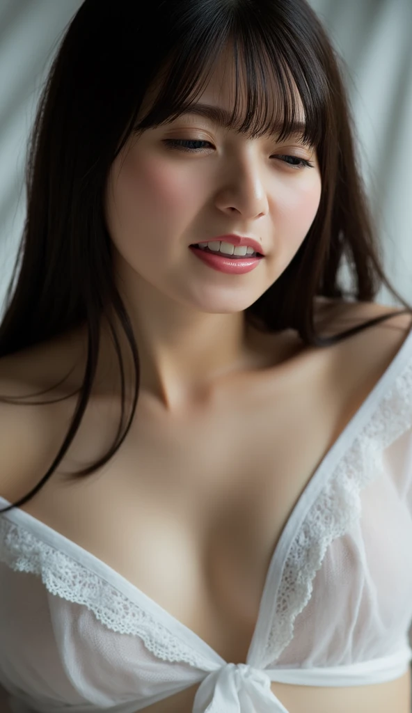 (((((one twentysomething girl:2、Japanese、Baby Face、 white skin))))),detailed顔の質感、(masterpiece,highest quality:1.9),8k, detailed,detailed毛穴,reality,  bedroom、 on sheets、Brow wrinkles、Close your eyes、Writhe、drool、clenches his teeth、((( Lace pajamas、Pajamas w...