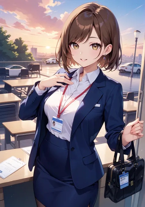  office district,Selfie,nsfw,office lady under double sleeve desk,one girl,short hair,straight hair that can't be seen from the outside ,brown hair,brown eyes,glamorous,swept bangs,white shirt, dark blue skirt, dark blue blazer,walk,id card holder,bag,even...