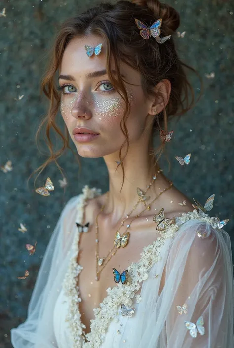 a loose white dress at the top and bottom where butterflies fall from the same layer that protected them and when it falls the makeup comes off is a butterfly effect with holographic glitters, details in gold and blue giving fantasy and the hair is a tight...