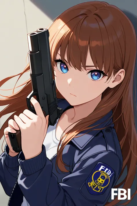 Female, anime, wearing a fbi jacket, long hair, serious, hold a gun,