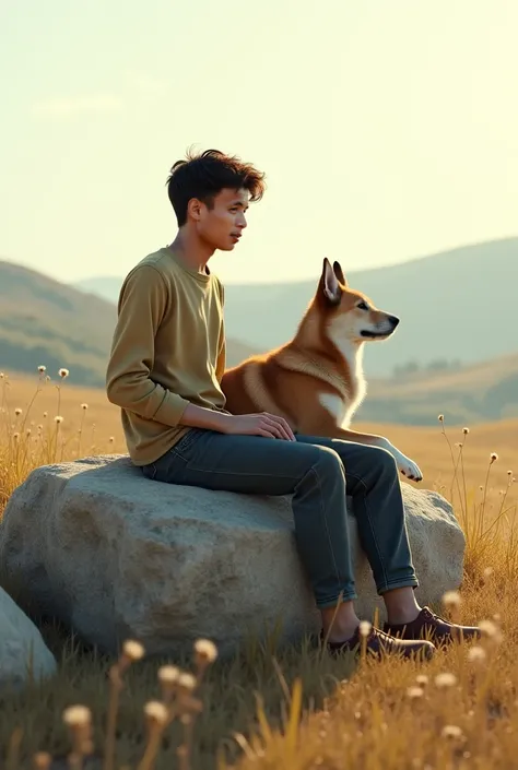 A young man was sitting on the big stone,he has a beautiful dog by his side,