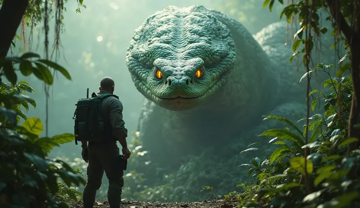 A cinematic scene of an enormous serpent with emerald green scales and piercing yellow eyes, towering over a burly soldier in a dense, misty jungle. The snake's textured scales reflect ambient light and its eyes glow menacingly. The soldier, wearing tactic...