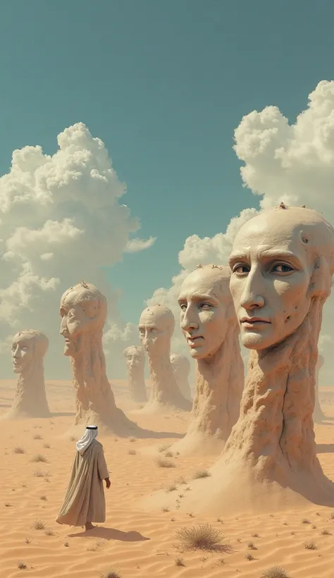 Surrealistic Faces in the middle of the desert, detailed eyes, A Bedouin walks among the faces, beautiful sky