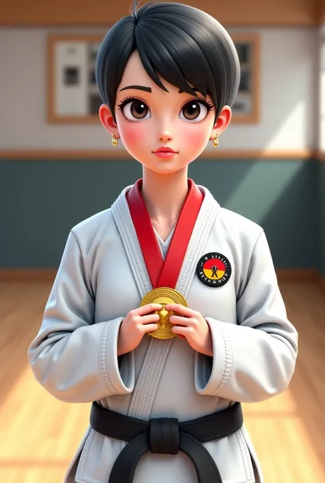 Make the realistic image of girl of very short hsir wearing karate dress and holding medal 