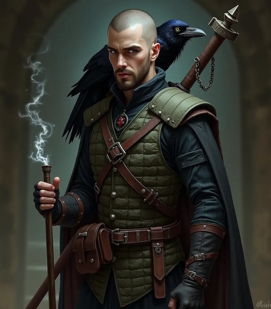 27yo, male, crow on shoulder, Padded vest, thin Quarterstaff in right hand, leather pouch on belt, shaved head, brunette, pale skin, grey eyes, (magical white wisp in free hand), dungeon interior, slander body, sullen gloomy face, dark fantasy style, face ...