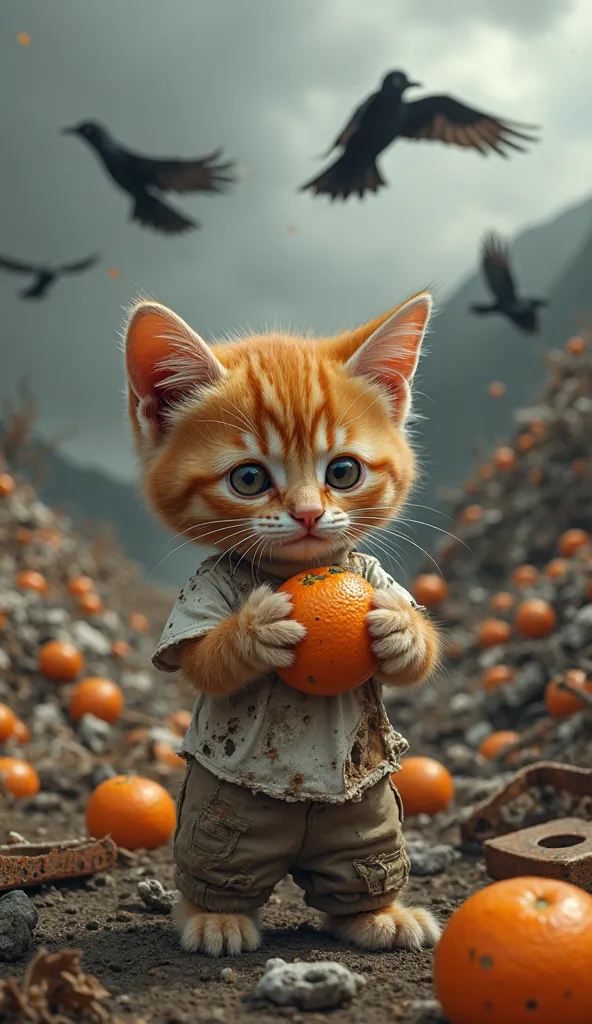 A small orange kitten, once a proud farm owner, now stands weak and exhausted in the middle of a vast, filthy garbage dump. It wears a tattered white shirt, full of holes and stained with dirt and sweat. Its fur is unkempt, matted with grime, and its eyes—...