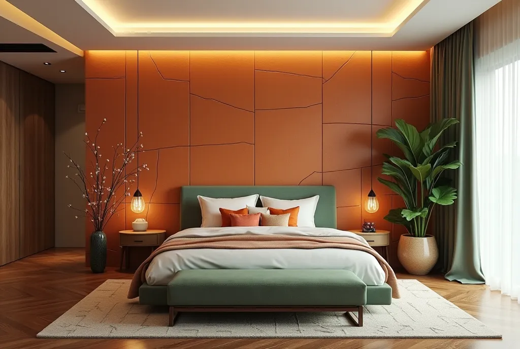 design me an art nouveau master bedroom, of brown wood flooring tiles, off white wall, with an irregular MDF wall cladding of teracotta color with indirect light, and a rotated bed headboard exceeding the bedtable, two bedside table on one drop a glass flo...