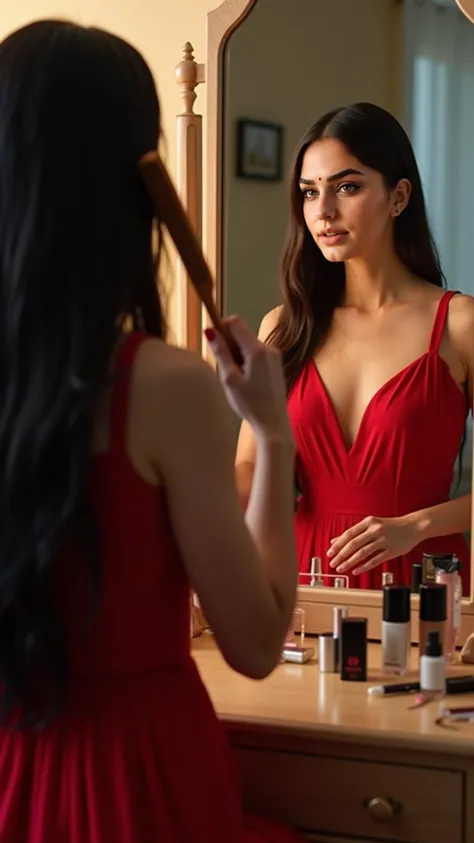 A realistic Azerbaijani woman brushing her hair at her vanity table in a well-lit room. She is wearing an elegant red dress, exuding a traditional yet modern aesthetic. Her face is visible through the mirror, reflecting a calm and focused expression as she...