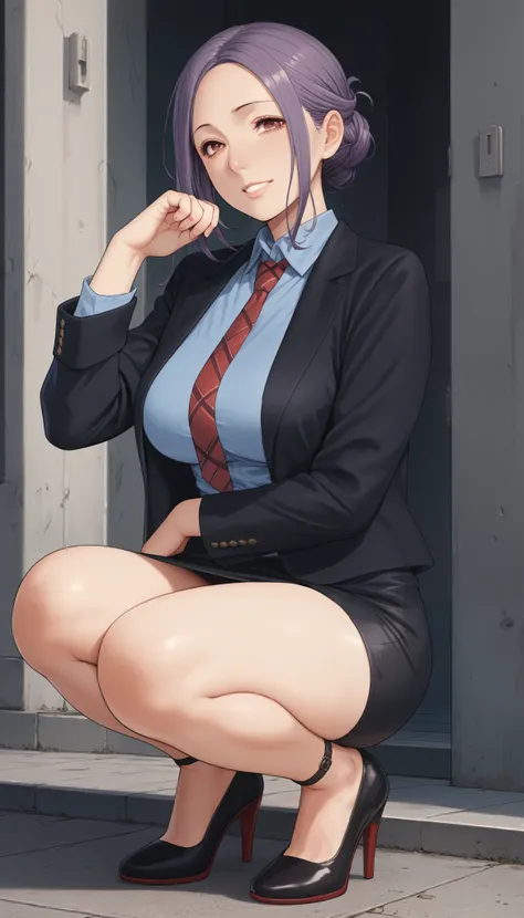 score_9, score_8_up, score_7_up, 
1 girl crouching, Sakurai Sawa, purple hair, mature woman,  long side lock, braided bun, red eyes, big breasts,

smile, viewer, blue shirt, Black Jacket,micro pencil skirt,high heels, tie, 


