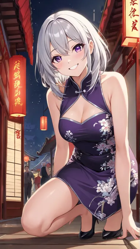 1 girl crouching, solo, chest, smiles, High Resolution, masterpiece, high quality, shortcuts,  Silver Hair, Slim,anime, China Dress, sexy,night,Aperture F1.2,purple eyes, sexy,happy, Chinese Restaurant