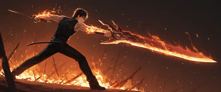 holding sword, big weapon, burn blade, attack stance, action pose, oversized sword, burning arm, Slash, serious,