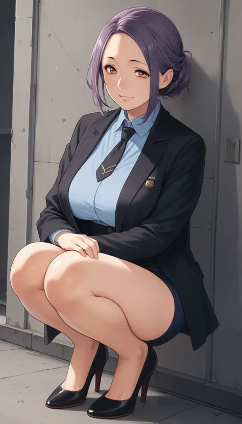 score_9, score_8_up, score_7_up, 
1 girl crouching, Sakurai Sawa, purple hair, mature woman,  long side lock, braided bun, red eyes, big breasts,

smile, viewer, blue shirt, Black Jacket,micro pencil skirt,high heels, tie, 


