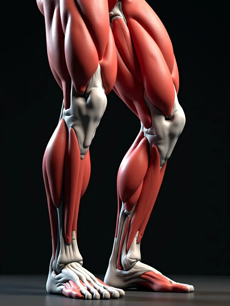 A hyper-realistic and highly detailed 3D illustration of the leg muscles of an extremely muscular man, highlighting the main muscle groups:  Quadriceps  (rectus femoris, Vastlateral, vastus medialis and vastus intermediary), Lower thigh

The image should b...