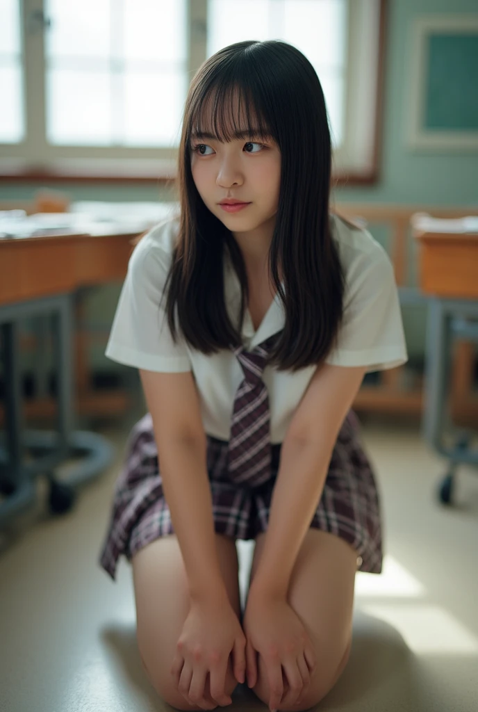 highest quality, Ultra High Resolution ,high school girl,1 person,full body,  black hair,  serious expression,staring at the camera,beautiful skin, high school uniforms , tie,Low chest,small breasts,check skirt,White panties,thigh,after school,classroom,le...