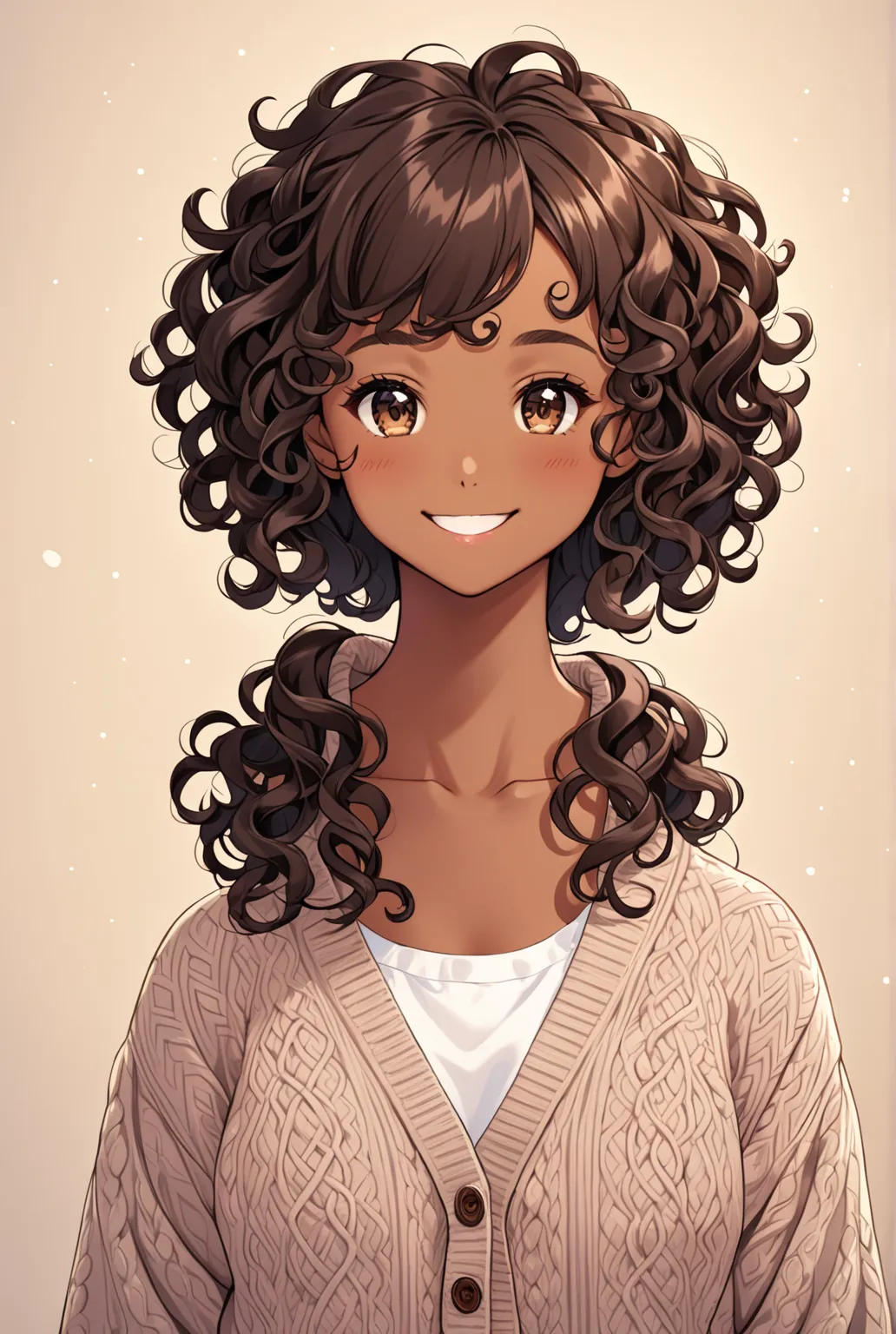 a , curly hair, Dark Skin, Wearing a cute sweater cardigan. facing forward and smiling