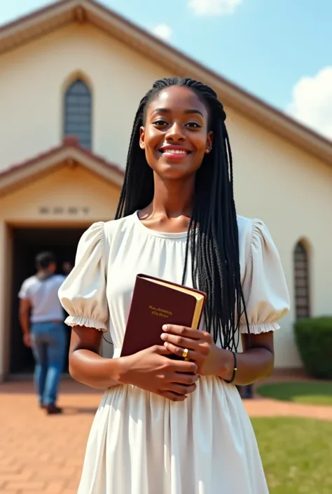 A peaceful church scene featuring Mary, a modest young woman with medium brown skin and long black braided hair, standing outside 'Holiness Assembly of Zion' church. She wears a simple white church dress and holds a Bible in her hands, looking pure and dev...