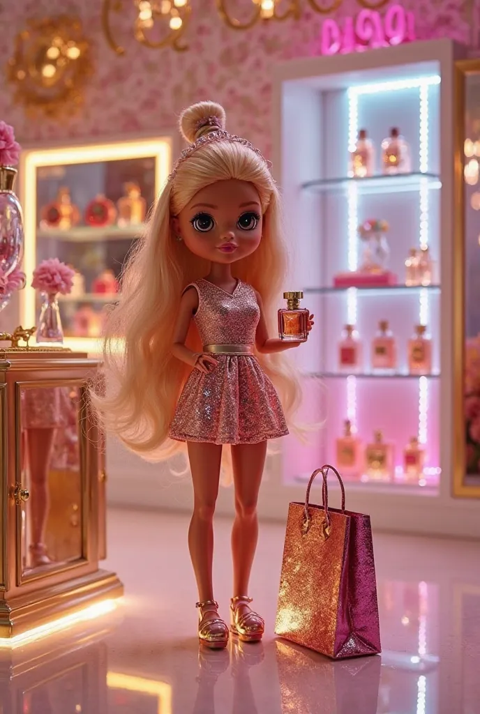 An L.O.L. OMG doll is inside a luxurious perfume boutique, testing a glamorous new fragrance. Dressed in a sparkling, fashionable outfit, she delicately holds a perfume bottle, admiring its elegant design before spraying a light mist. The boutique’s interi...