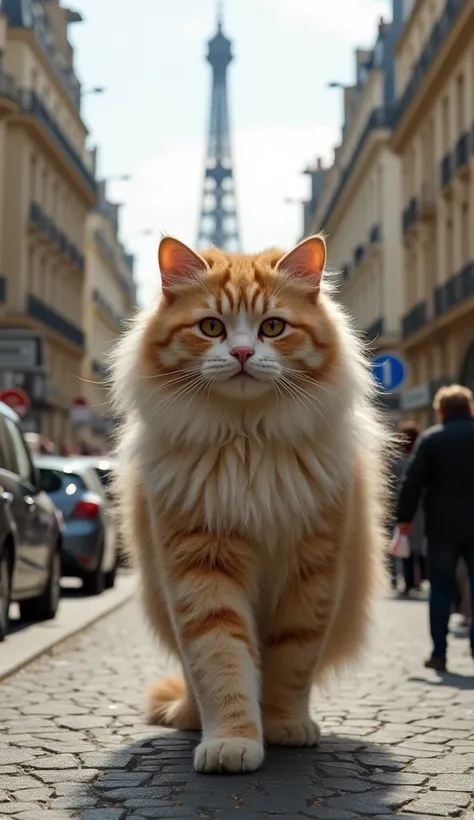 photorealistic, A beautiful and fluffy giant cat walks through the streets of Paris. People around her look in surprise, cars passing by,  and in the background you can see the Eiffel Tower . The atmosphere of a busy city,  daylight, shadows from buildings...