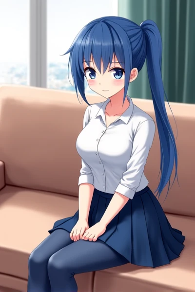 long blue ponytail hair, blue eyes ,  D cup size chest , girl, white shirt,  blue skirt, 검은색  leggings, The appearance of not wearing shoes, living room, 회색 sofa에 앉아있는 모습, 2D anime style # Oil # sofa # girl # slender fingers #  leggings