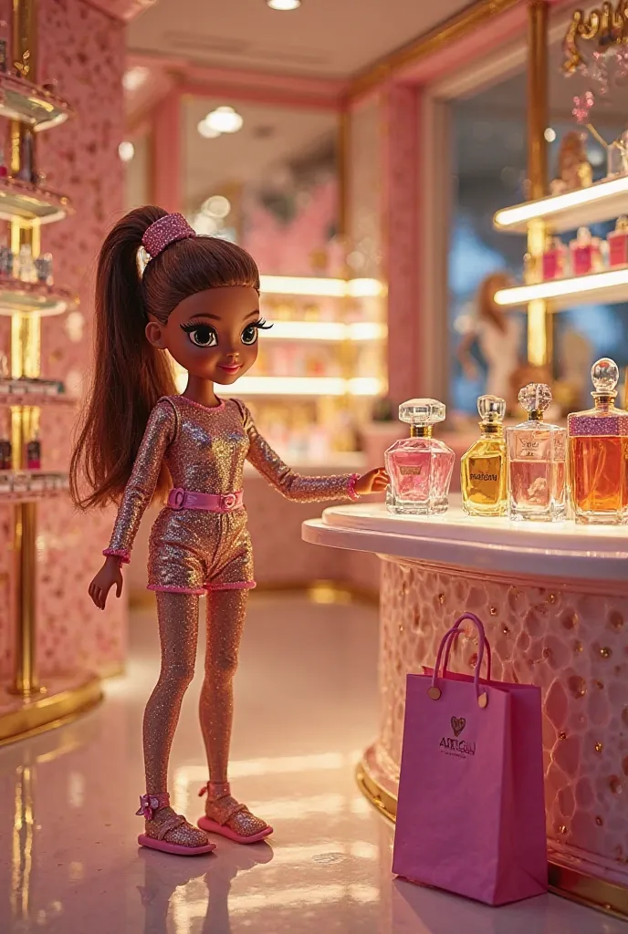 An L.O.L. OMG doll is inside a luxurious perfume boutique, testing a glamorous new fragrance. Dressed in a sparkling, fashionable outfit, she delicately holds a perfume bottle, admiring its elegant design before spraying a light mist. The boutique’s interi...