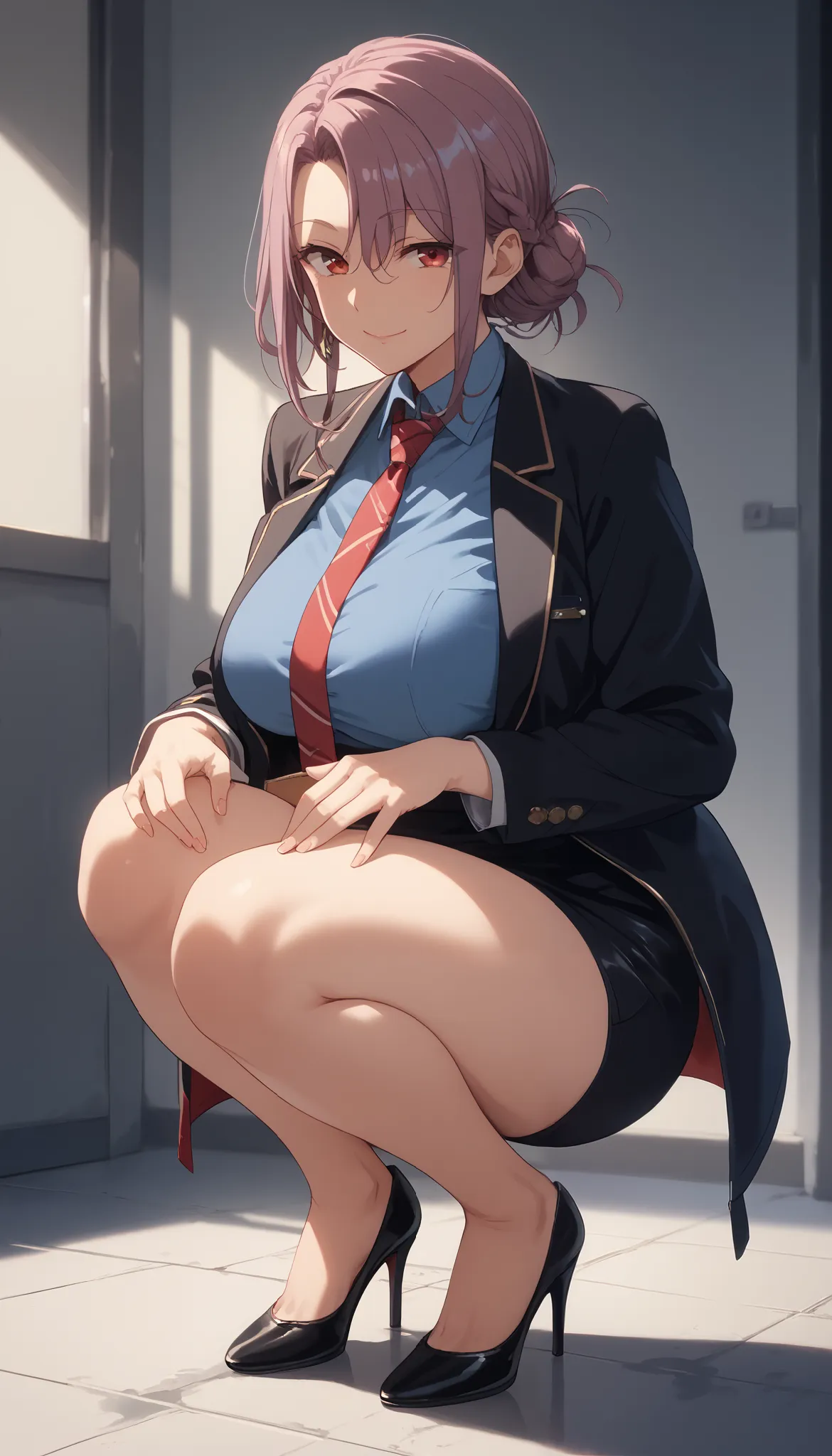 score_9, score_8_up, score_7_up, 
1 girl crouching, Sakurai Sawa, purple hair, mature woman,  long side lock, braided bun, red eyes, big breasts,

smile, viewer, blue shirt, Black Jacket,micro pencil skirt,high heels, tie, 


